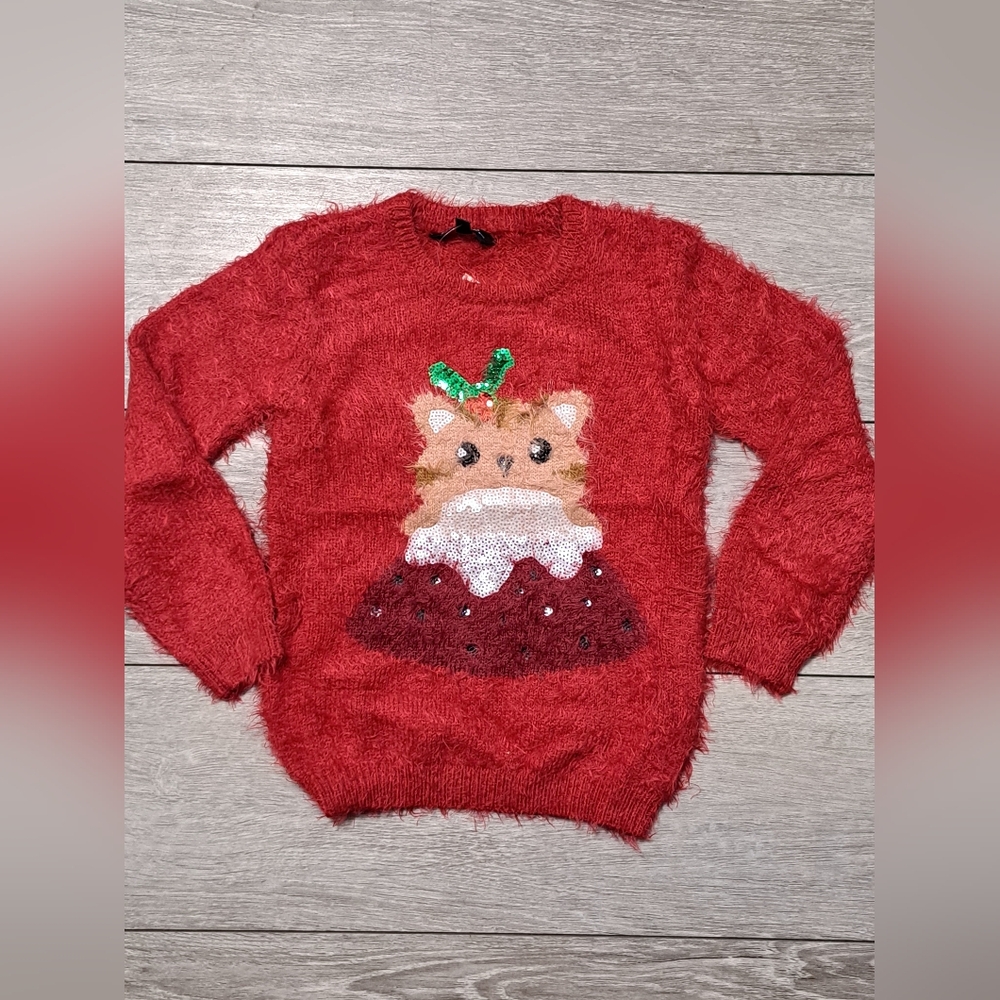 George Red Fuzzy Sweater with Festive Cat Design